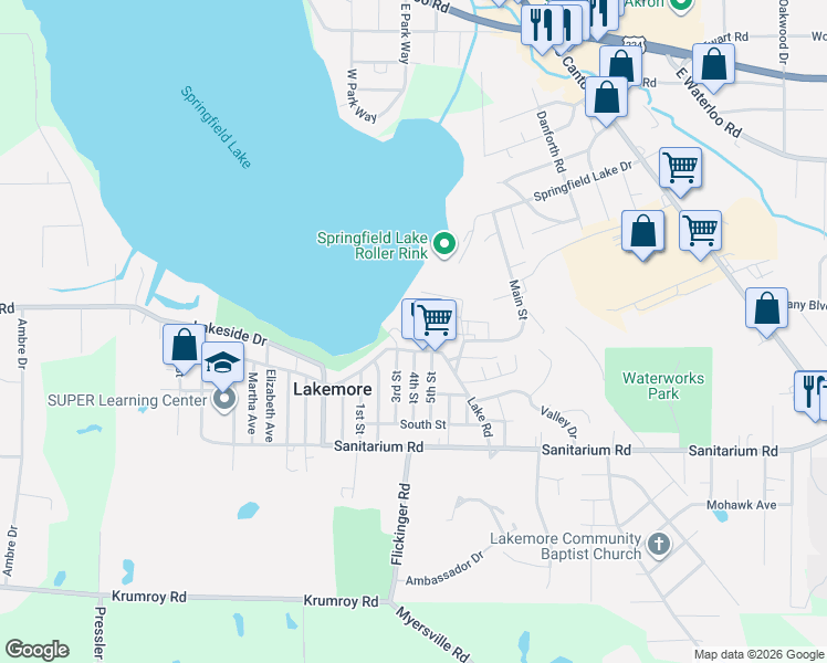 map of restaurants, bars, coffee shops, grocery stores, and more near 1440 3rd Street in Lakemore