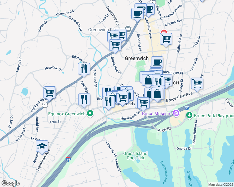 map of restaurants, bars, coffee shops, grocery stores, and more near 41 Woodland Drive in Greenwich