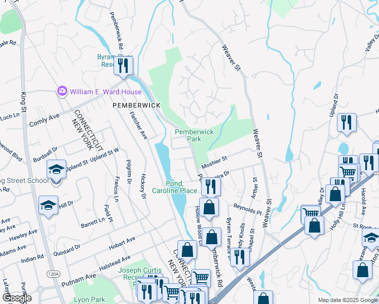 map of restaurants, bars, coffee shops, grocery stores, and more near 114 Pemberwick Road in Greenwich