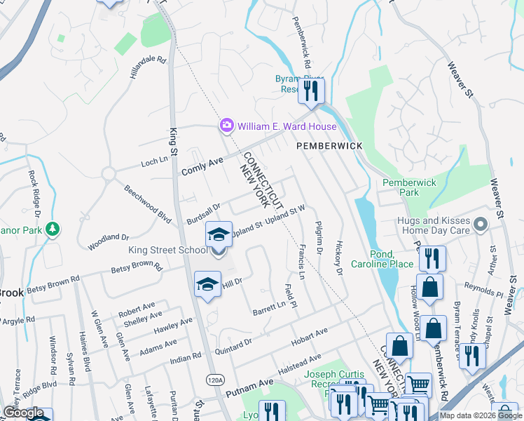 map of restaurants, bars, coffee shops, grocery stores, and more near 37 Upland Street West in Greenwich