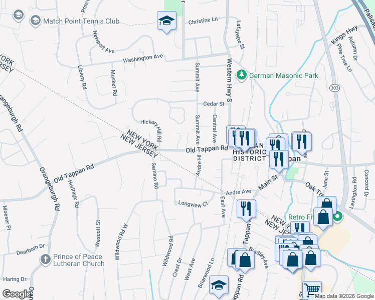 map of restaurants, bars, coffee shops, grocery stores, and more near 181 Old Tappan Road in Tappan