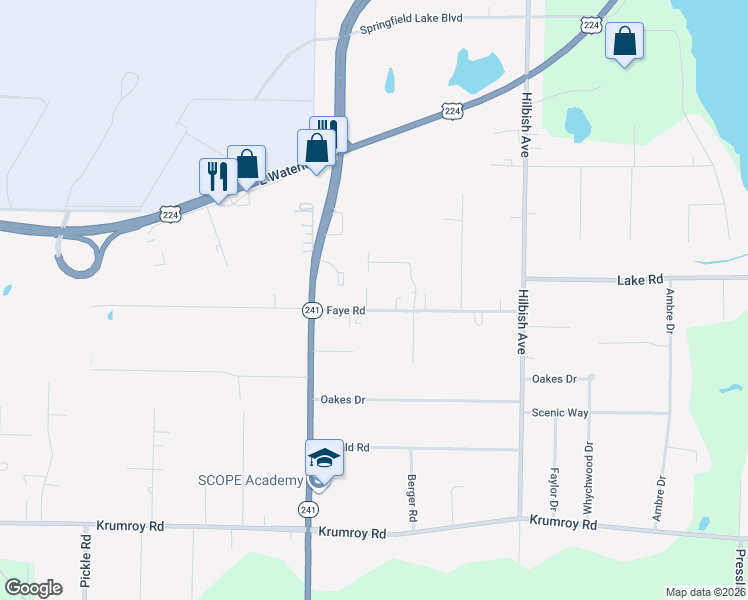 map of restaurants, bars, coffee shops, grocery stores, and more near 1870 Faye Road in Akron