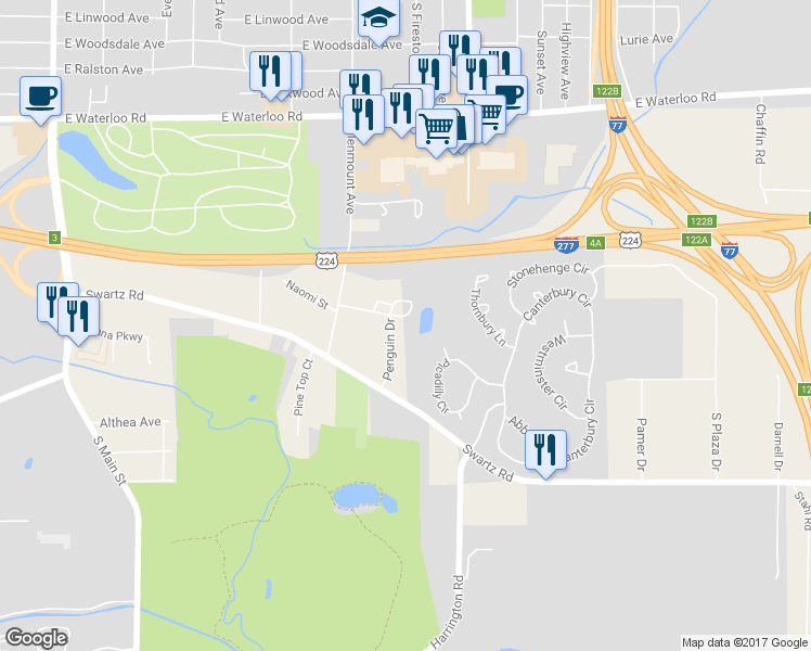 map of restaurants, bars, coffee shops, grocery stores, and more near 2175 Penguin Drive in Akron