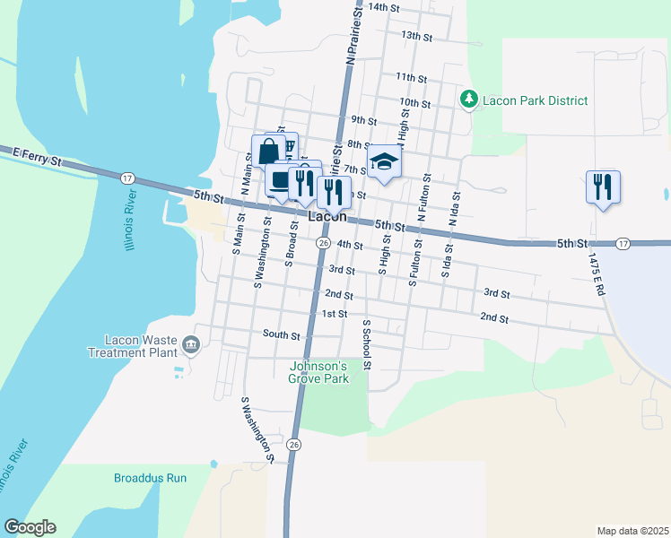 map of restaurants, bars, coffee shops, grocery stores, and more near 301-399 S Center St in Lacon
