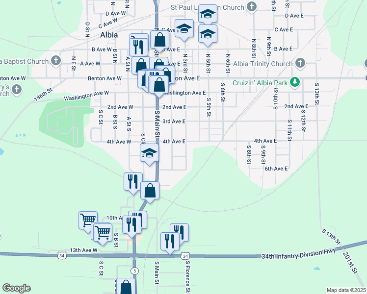 map of restaurants, bars, coffee shops, grocery stores, and more near 421 South 3rd Street in Albia