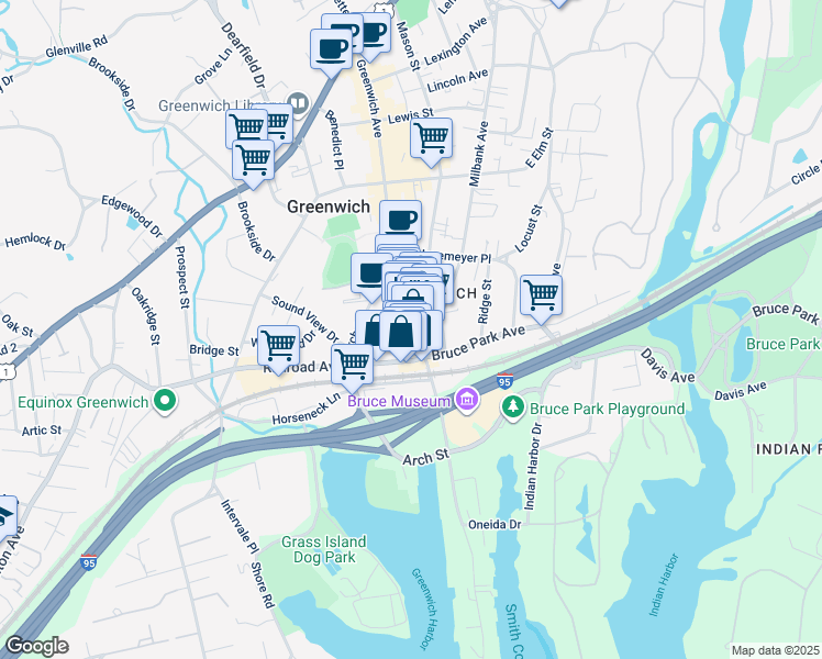map of restaurants, bars, coffee shops, grocery stores, and more near 407 Greenwich Avenue in Greenwich