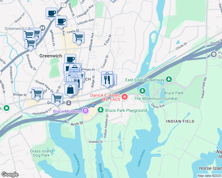 map of restaurants, bars, coffee shops, grocery stores, and more near 100 Bruce Park Avenue in Greenwich