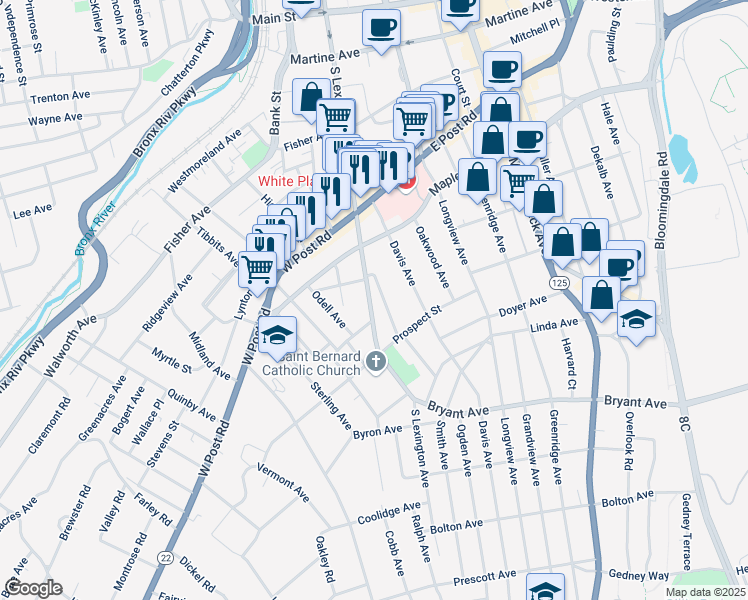 map of restaurants, bars, coffee shops, grocery stores, and more near 269 South Lexington Avenue in White Plains