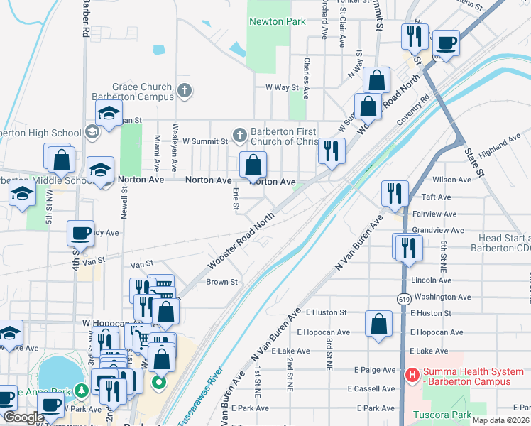 map of restaurants, bars, coffee shops, grocery stores, and more near 508 Wooster Road North in Barberton