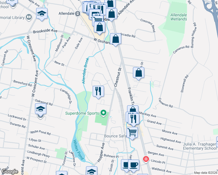 map of restaurants, bars, coffee shops, grocery stores, and more near 4 William Demarest Place in Waldwick