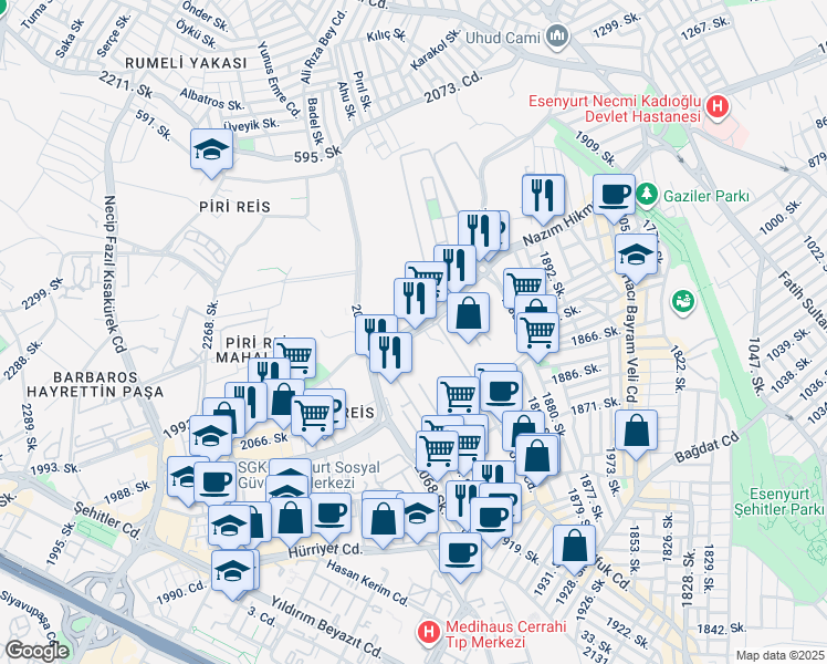 map of restaurants, bars, coffee shops, grocery stores, and more near Nazım Hikmet Bulvarı in Beylikdüzü