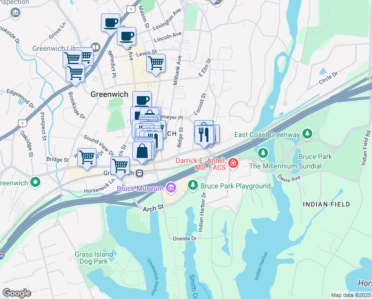 map of restaurants, bars, coffee shops, grocery stores, and more near 65 Bruce Park Avenue in Greenwich