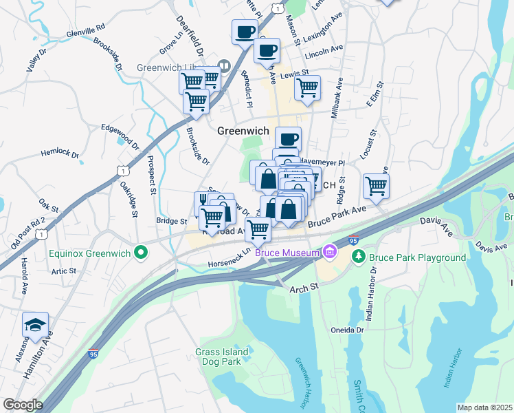 map of restaurants, bars, coffee shops, grocery stores, and more near 2 Sound View Drive in Greenwich