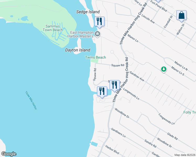 map of restaurants, bars, coffee shops, grocery stores, and more near 47 Squaw Road in East Hampton