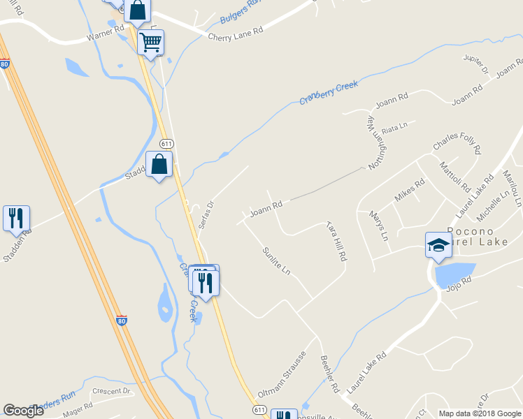 map of restaurants, bars, coffee shops, grocery stores, and more near 353 Joann Road in Stroudsburg