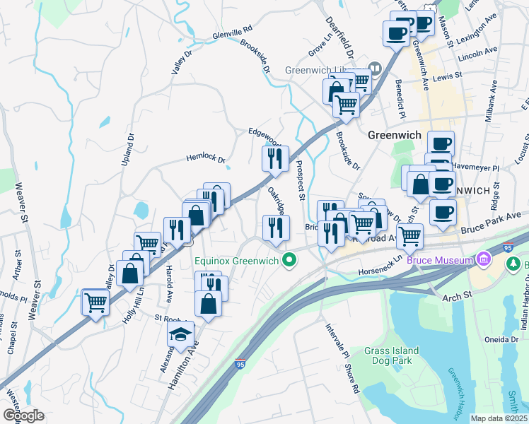 map of restaurants, bars, coffee shops, grocery stores, and more near 49 Edgewood Avenue in Greenwich