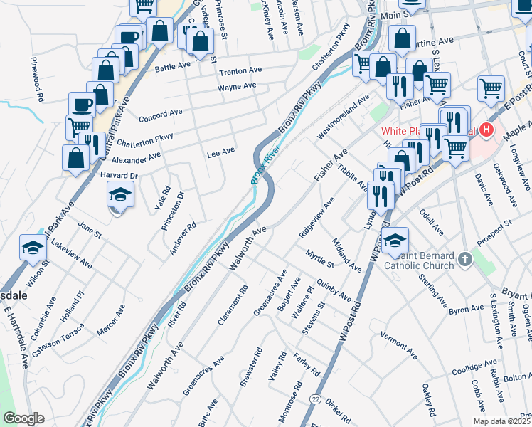 map of restaurants, bars, coffee shops, grocery stores, and more near 322 Fisher Avenue in White Plains