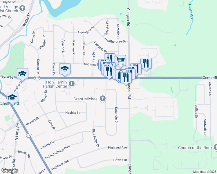 map of restaurants, bars, coffee shops, grocery stores, and more near 6622 Shawbutte Street in Youngstown