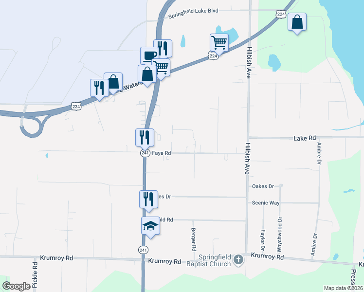 map of restaurants, bars, coffee shops, grocery stores, and more near 1870 Faye Road in Akron
