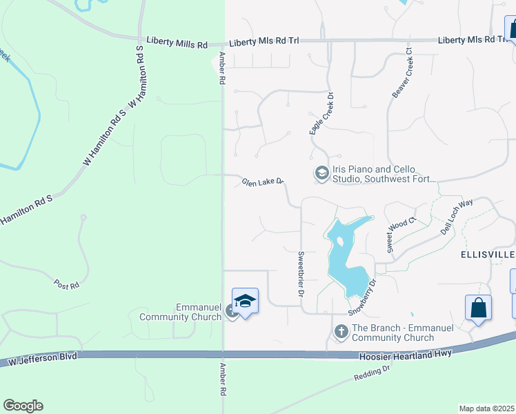 map of restaurants, bars, coffee shops, grocery stores, and more near 12128 Wood Glen Drive in Fort Wayne