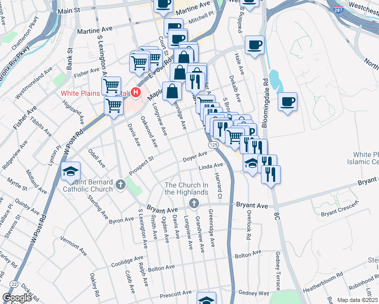 map of restaurants, bars, coffee shops, grocery stores, and more near 48 Greenridge Avenue in White Plains