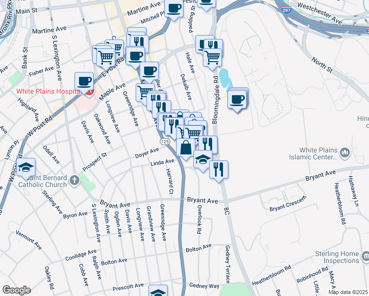 map of restaurants, bars, coffee shops, grocery stores, and more near 31 Old Mamaroneck Road in White Plains