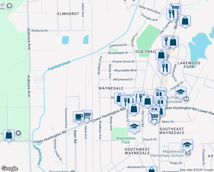 map of restaurants, bars, coffee shops, grocery stores, and more near 3009 Witchwood Drive in Fort Wayne