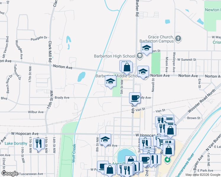 map of restaurants, bars, coffee shops, grocery stores, and more near 633 Brady Avenue in Barberton