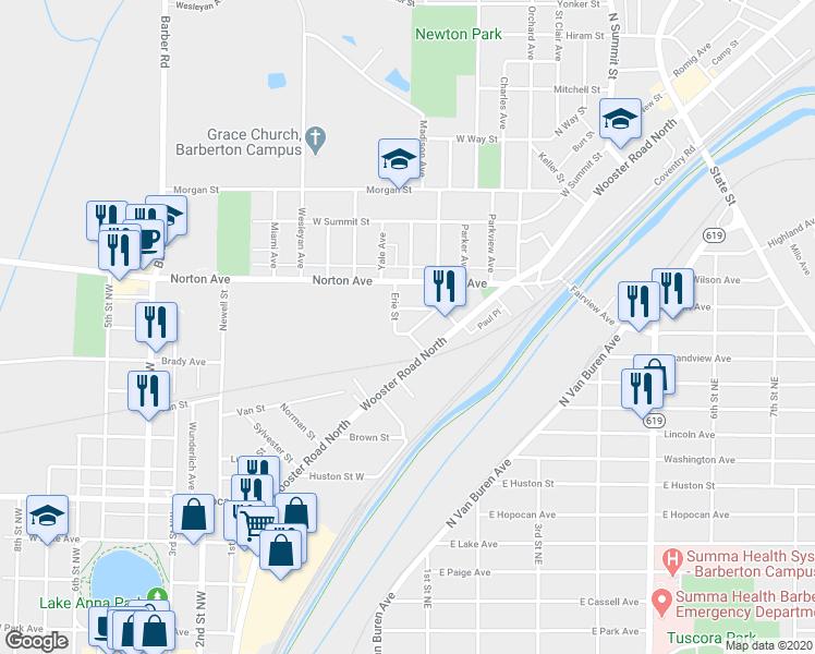 map of restaurants, bars, coffee shops, grocery stores, and more near 273 Huron Street in Barberton