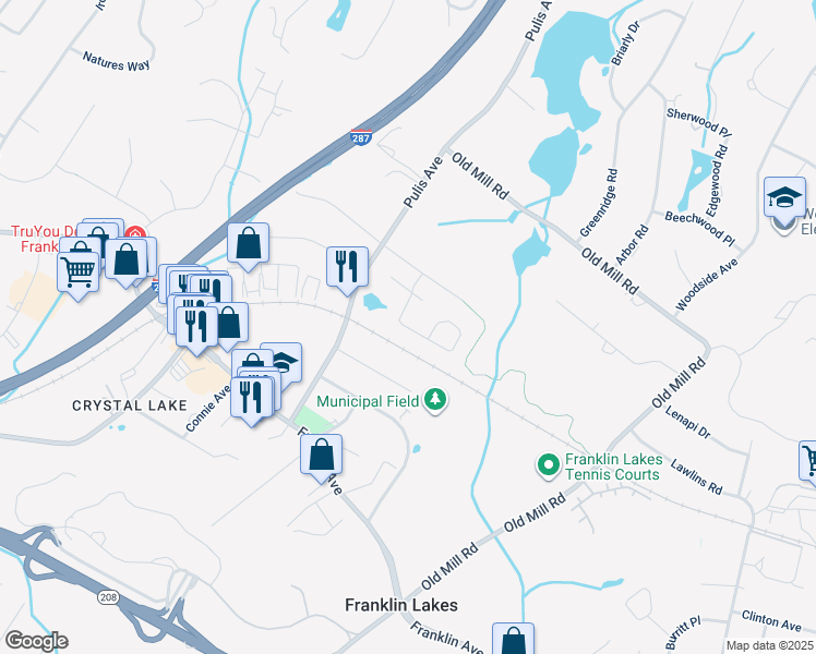 map of restaurants, bars, coffee shops, grocery stores, and more near 35 Bentley Drive in Franklin Lakes
