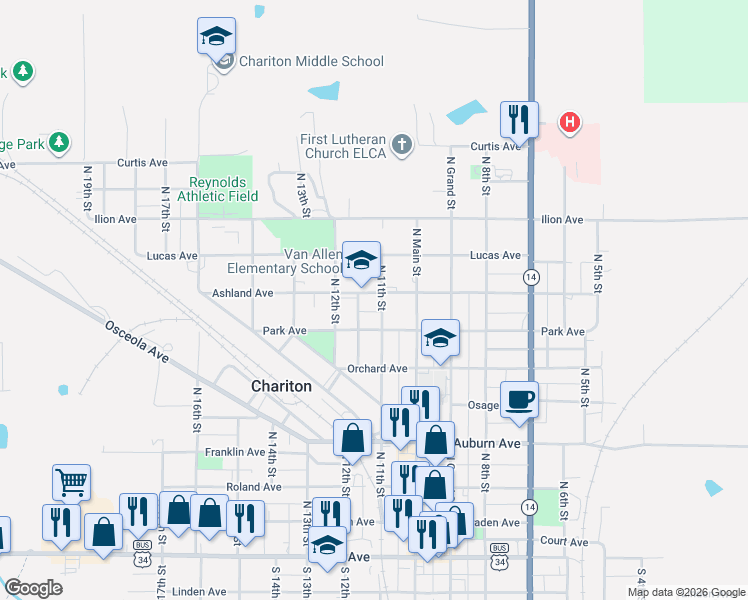 map of restaurants, bars, coffee shops, grocery stores, and more near 1129 Ashland Avenue in Chariton