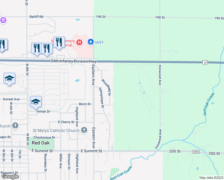 map of restaurants, bars, coffee shops, grocery stores, and more near 2 Redwood Circle in Red Oak
