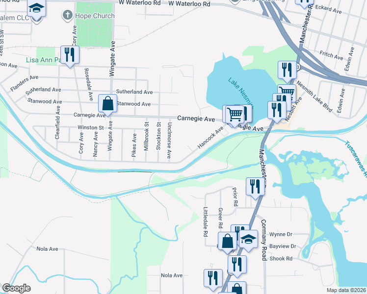 map of restaurants, bars, coffee shops, grocery stores, and more near 791 Hancock Circle in Akron
