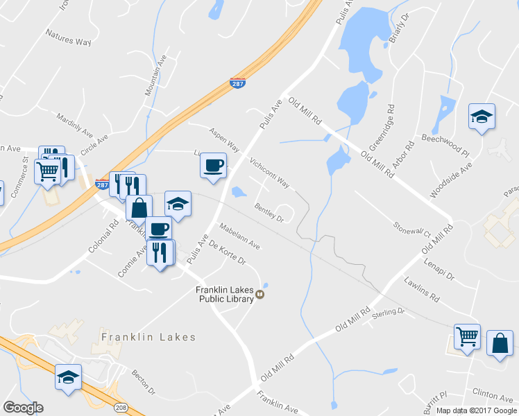 map of restaurants, bars, coffee shops, grocery stores, and more near 37 Bentley Drive in Franklin Lakes