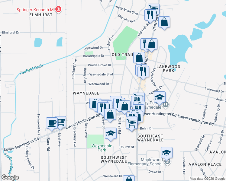 map of restaurants, bars, coffee shops, grocery stores, and more near 6511 Orchard Lane in Fort Wayne