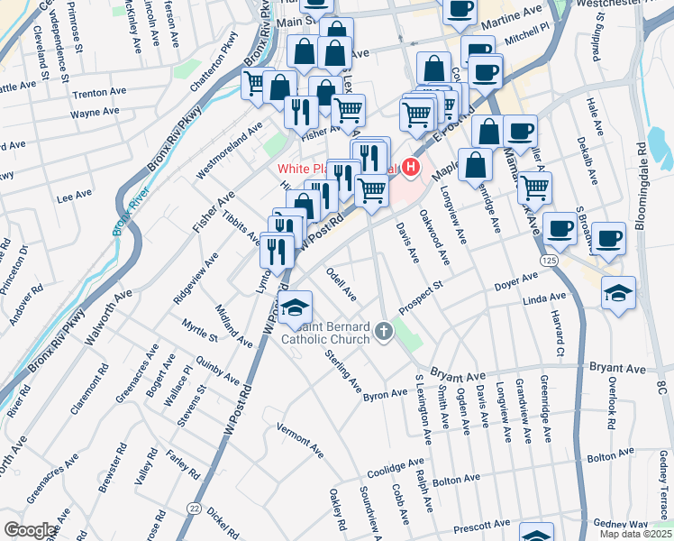 map of restaurants, bars, coffee shops, grocery stores, and more near 244-252 Maple Avenue in White Plains