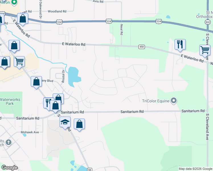 map of restaurants, bars, coffee shops, grocery stores, and more near 3204 Cottage Cove Dr in Akron