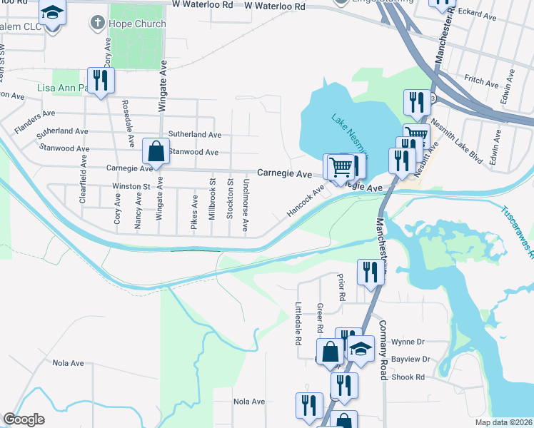 map of restaurants, bars, coffee shops, grocery stores, and more near 791 Hancock Circle in Akron