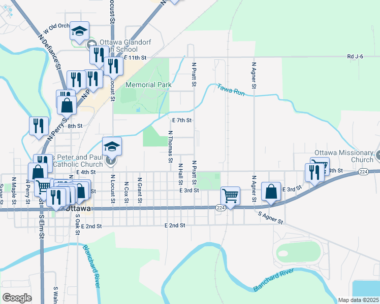 map of restaurants, bars, coffee shops, grocery stores, and more near 461 North Pratt Street in Ottawa