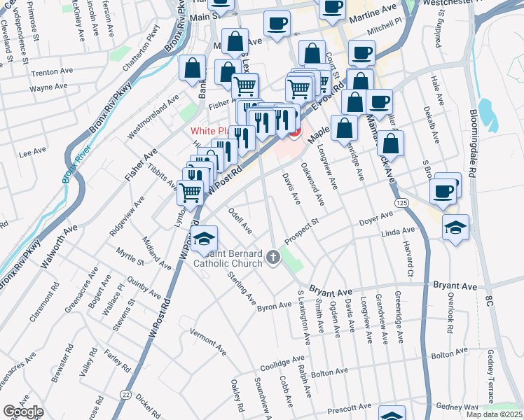 map of restaurants, bars, coffee shops, grocery stores, and more near 5 Roosevelt Street in White Plains