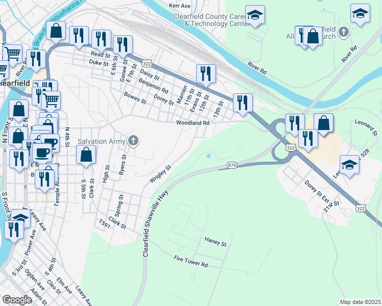map of restaurants, bars, coffee shops, grocery stores, and more near 432 Wrigley Street in Clearfield