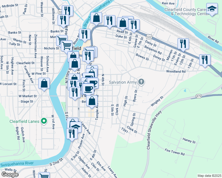 map of restaurants, bars, coffee shops, grocery stores, and more near 14 North 5th Street in Clearfield