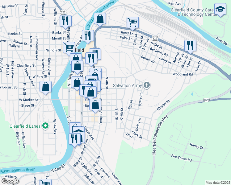 map of restaurants, bars, coffee shops, grocery stores, and more near 14 North 5th Street in Clearfield