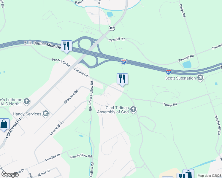 map of restaurants, bars, coffee shops, grocery stores, and more near 801-899 Central Rd in Bloomsburg