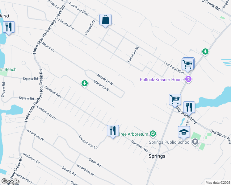 map of restaurants, bars, coffee shops, grocery stores, and more near 61 Manor Lane North in East Hampton