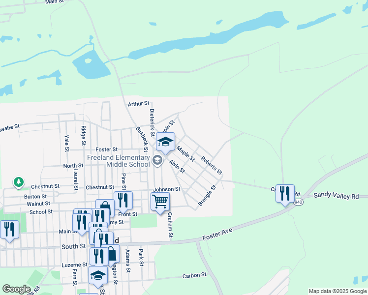map of restaurants, bars, coffee shops, grocery stores, and more near 300-398 Roberts St in Freeland