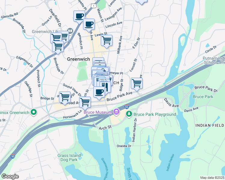 map of restaurants, bars, coffee shops, grocery stores, and more near 309 Milbank Avenue in Greenwich