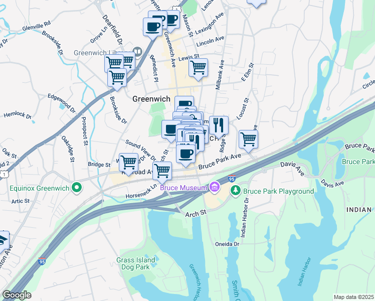 map of restaurants, bars, coffee shops, grocery stores, and more near 359 Greenwich Avenue in Greenwich