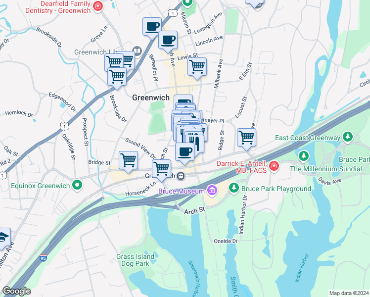 map of restaurants, bars, coffee shops, grocery stores, and more near 359 Greenwich Avenue in Greenwich