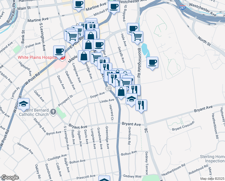 map of restaurants, bars, coffee shops, grocery stores, and more near 3 Old Mamaroneck Road in White Plains